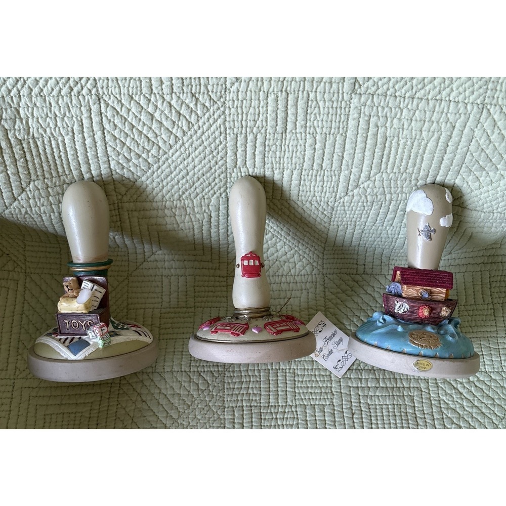 Vintage Brown Bag Cookie Art Ceramic Cookie Stamps Set of 3 Toy Chest Birds Bus